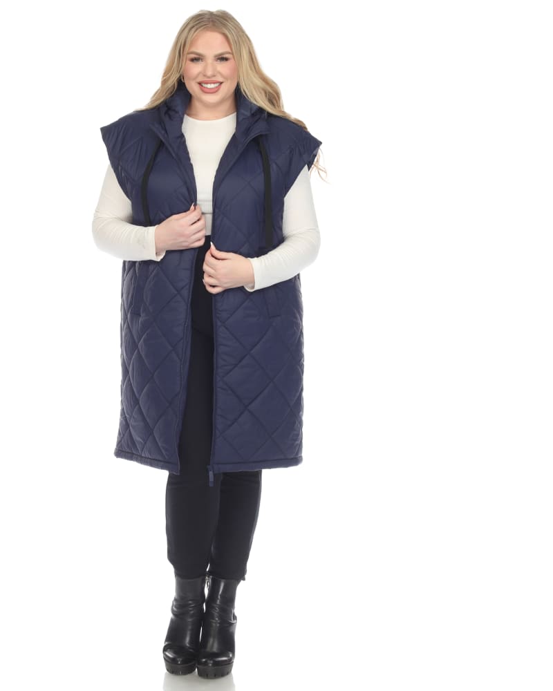 Front of a model wearing a size L Women's Diamond Quilted Hooded Puffer Vest in Navy by White Mark. | dia_product_style_image_id:306489